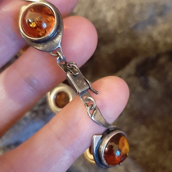 Vintage Amber Sterling Silver Bracelet 7.5" Art Nouveau Honey Unique Artsy Earth - Picture 6 of 8